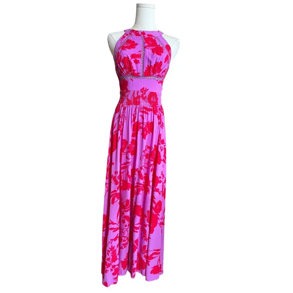 ABEL THE LABEL Anthropologie NEW Pink Red Floral Halter Maxi Dress XS Sleeveless - Picture 4 of 10
